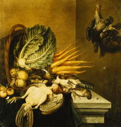 Een Omgevallen Mand met Gevogelte, Rapen, Appels, Uien en een Kool op een Rand Gedrapeerd met een Groene Doek