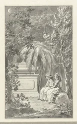 Twee dames zittend bij een graftombe