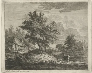 Landschap met wandelaars bij drie boomen