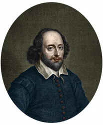 Portret van William Shakespeare (1564-1616), Engelse schrijver. Gravure door Jacobus Houbraken 1747