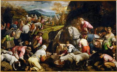 De Israëlieten drinken het water dat op wonderbaarlijke wijze uit de rots ontspringt (schilderij op doek)