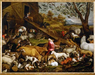 De dieren gaan de ark van Noach binnen (schilderij op doek)