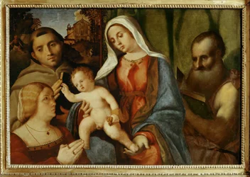 Sacra Conversazione: Madonna met kind, de heilige Antonius, de heilige Hiëronymus en de schenker ... (schilderij op doek)