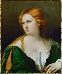 Jonge vrouw in een groene jurk, een doos in haar hand (populierenhout)