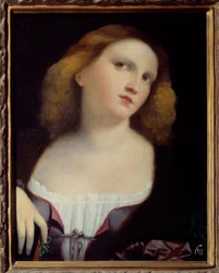 Portret van Vrouw Schilderij op hout overgebracht op doek door Jacopo Palma il Vecchio (1480-1528) 1513 Dim. 0,48 x 0,38 m Lyon, Musee des Beaux Arts