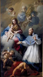 Maagd en Kind met Sint Franciscus van Sales, voorstelling van de Heilige Drie-eenheid met Jezus Christus, God en de duif van de Heilige Geest.