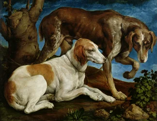 Twee jachthonden vastgebonden aan een boomstronk, c.1548-50