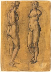 Kopie van een Antiek Standbeeld van een Staande Vrouw (twee aanzichten), boven een Schets van een Putto