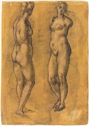 Kopie van een antiek standbeeld van een staande vrouw twee aanzichten, boven een schets van een putto, 1570s