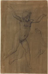 Een vliegende engel, ca. 1594 (zwart krijt en grafiet op bruin geprepareerd papier)