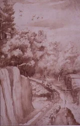 PD.52-1997 Uitzicht op het klooster van La Verna, de weg naar het klooster, ca. 1607-12 (wassing, pen en inkt op papier)
