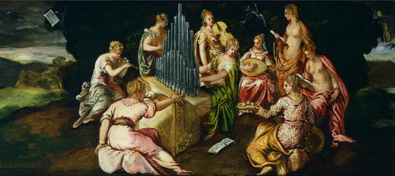Wedstrijd tussen Muzen en Pierides, door Jacopo Robusti bekend als Tintoretto (1519-1594)