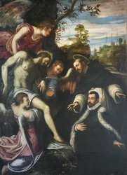 Dode Christus ondersteund door drie engelen, Sint Dominicus en schenker