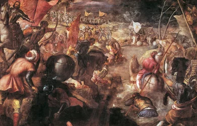 Francesco II Gonzaga vecht in de Slag bij Taro tegen Karel VIII van Frankrijk in 1495