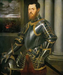Portret van een man in een goud versierde harnas, ca. 1555