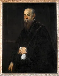 Portret van een oude man met een zakdoek ...