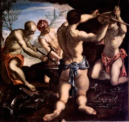 De smidse van Vulcanus Schilderij door Jacopo Robusti, genaamd il Tintoretto