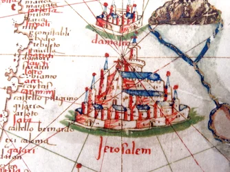 Detail met Jeruzalem en Damascus van een renaissancekaart van Europa, naar Jacopo Russo, 1528