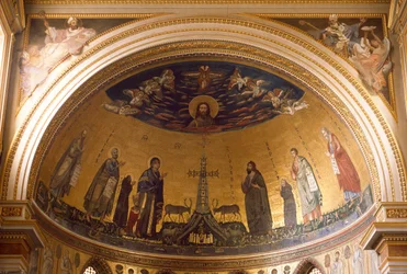 Interieurzicht van de apsis van de Basiliek van Sint-Jan van Lateranen. Mozaïek van Jacopo Torriti (actief rond 1291-14e eeuw) en Jacopo da Camerino (actief rond 1288-1331) met het Hemelse Jeruzalem. Rome