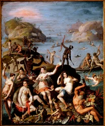 Koraalvisserij. Allegorische voorstelling van de ontdekking van de Nieuwe Wereld. Waternimfen en Indiaanse nimfen met de rijkdommen van de zee, koraal en parelschelpen. Ca. 1585, afmetingen: 55 x 45 cm, Rome, Galleria Borghese
