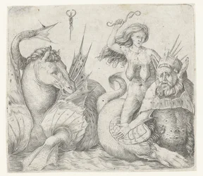 Oude vrouw op rug van triton naast hippocampus