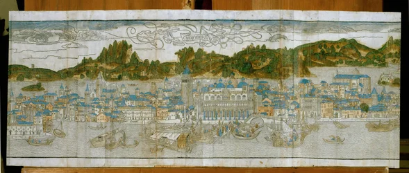 Venetië met het San Marcoplein, het Dogenpaleis en de oude campanile ... (houtsnede)