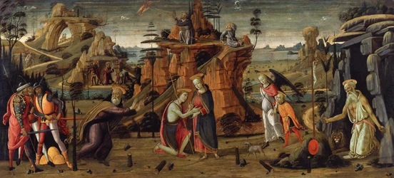 Landschap met Bijbelse scènes en scènes uit heiligenlegenden