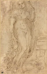 Allegorische figuur met een kat en een varken, ca. 1530 (pentekening)