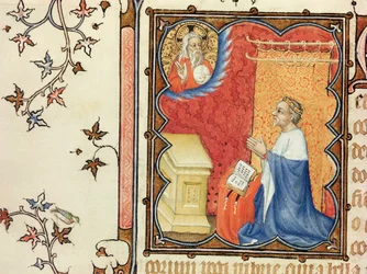 Ms Lat 18014 Jean de France (1340-1416) Hertog van Berry die bidt voor de Eeuwige Vader, uit Les Petites Heures de Duc de Berry, ca. 1385-90