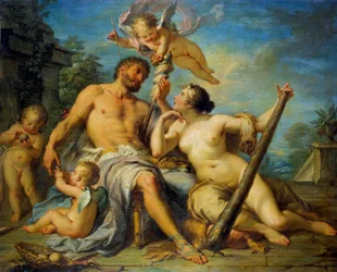 Hercules en Omphale. Hercules (Herakles) is verliefd op Omphale, wier slaaf hij is. Schilderij van Jacques Dumont, genaamd de Romein (1701-1781). 1728. Afmetingen: 1,33 x 1,67 m. Tours, Museum voor Schone Kunsten