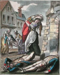 Vrouwen helpen de gewonden tijdens de Franse Revolutie, gegraveerd door Labrousse, c.1795
