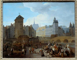 Franse Revolutie: Uitzicht op de brug en de pomp Notre-Dame in Parijs