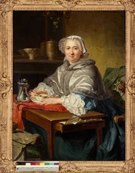 Madame Brion, zittend, thee nemend