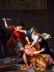 De stervende Geta in de armen van zijn moeder, vermoord in opdracht van zijn broer Caracalla