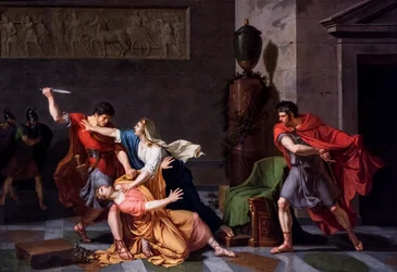 De stervende Geta in de armen van zijn moeder, vermoord in opdracht van zijn broer Caracalla