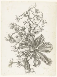 Boeket met een tulp, een hyacint, brodiaea en narcissen