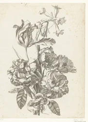 Boeket met pioenrozen, een tulp en een brodiaea