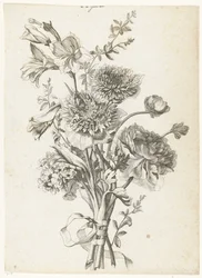 Boeket met anemonen, een pioenroos, sleutelbloemen en gladiolen