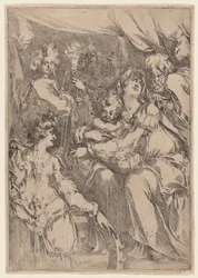 De Heilige Familie met Sint Catharina, Sint Johannes de Evangelist en een Engel