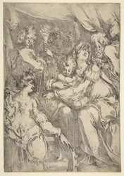 De Heilige Familie met Sint Catharina, Sint Johannes de Evangelist en een engel