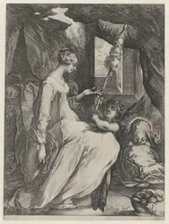 De Maagd Maria spint met het Christuskind en een engel