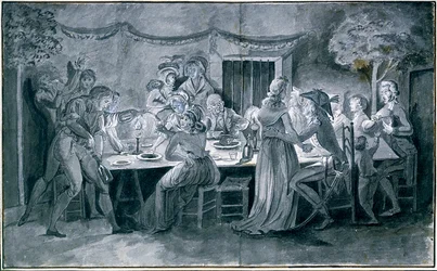 Bruiloftsmaal tijdens de Revolutie Tekening door Jacques Bertaux (1745-1818) Parijs.