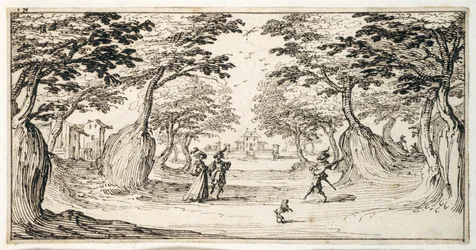 Een dame en heer dansen in het bos op een luit, een kasteel in de verte