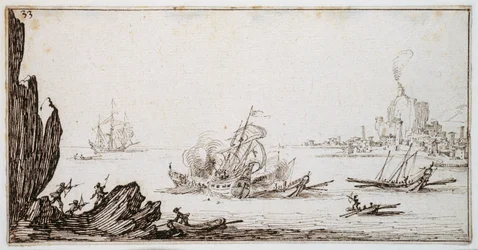 Een galei geramd midscheeps door een oorlogsschip onder zeil binnen zicht van de haven, ca. 1617