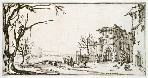 Een hooikar die naar de middeleeuwse poort van een dorp wordt gebracht, een man die een tak afkapt, uit een album van Israel Silvestre, ca. 1630