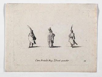 Een dame met een lange jas en twee cavaliers, van ... (gravure)