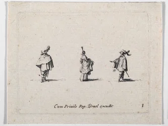 Een dame met gerimpelde rok en twee cavaliers, uit Les Fantaisies de Noble J. Callot ... (gravure)