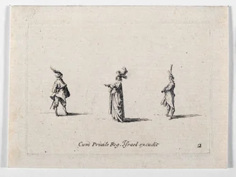 Een dame met gepluimde hoed en twee cavaliers, van ... (gravure)