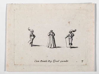 Een dame met rijk geplooide jurk, op de rug gezien, en twee cavaliers, uit Les Fantaisies de Noble J. Callot ... (gravure)