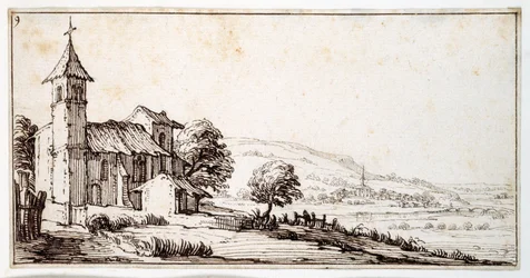 Een rivierlandschap dicht bij Nancy, met de kerk van het dorp Maxeville en een andere in de verte, uit een album van Israel Silvestre, ca. 1630